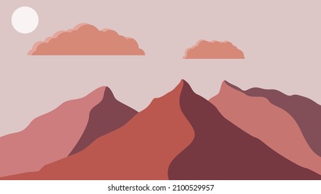 Mountain silhouettes with sun.  Peaks in sunset.  Brush strokes. Fog over mountain landscape . Summit and sunset logo .Vector