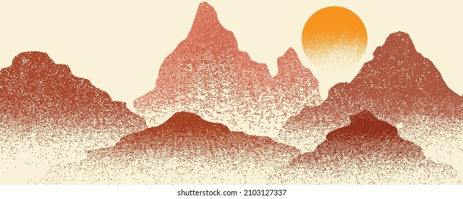 Silhouettes de montaña con sol. Picos en la puesta de sol. Pulsaciones de pincel. Niebla sobre el paisaje montañoso. Logo de la Cumbre y puesta de sol .Vector