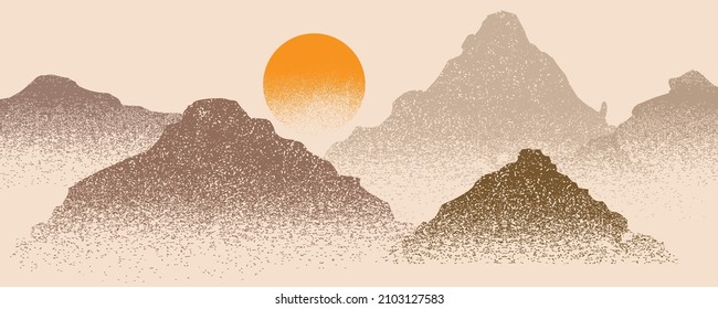 Mountain silhouettes with sun. Peaks in sunset. Brush strokes. Fog over mountain landscape . Summit and sunset logo .Vector