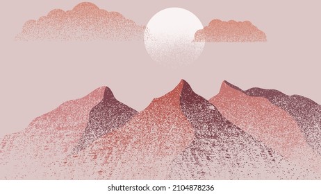 Mountain silhouettes with sun. Peaks in sunset. Brush strokes. Fog over mountain landscape . Summit and sunset logo .Vector