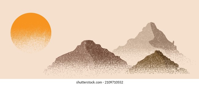 Mountain Silhouettes With Sun.  Peaks In Sunset.  Brush Strokes. Fog Over Mountain Landscape . Summit And Sunset Logo .Vector