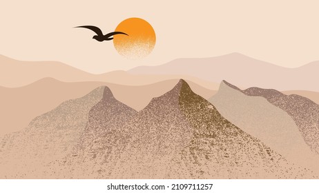 Mountain silhouettes with sun.  Peaks in sunset.  Brush strokes. Fog over mountain landscape . Summit and sunset logo .Vector
