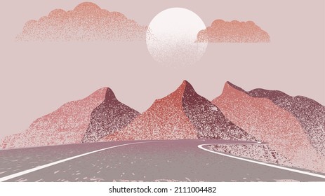 Mountain silhouettes with sun.  Peaks in sunset.  Curved road. Fog over mountain landscape . Summit and sunset logo .Vector