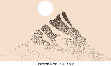 Mountain silhouettes with sun. Peaks in sunset. Brush strokes. Fog over mountain landscape . Summit and sunset logo .Vector