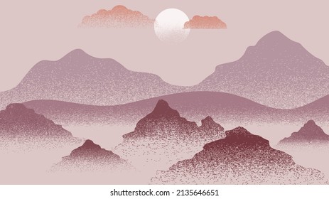 Mountain silhouettes with sun. Peaks in sunset. Brush strokes. Fog over mountain landscape . Summit and sunset logo .Vector