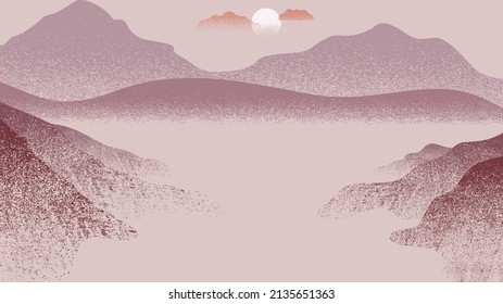 Mountain silhouettes with sun. Peaks in sunset. Brush strokes. Fog over mountain landscape . Summit and sunset logo .Vector