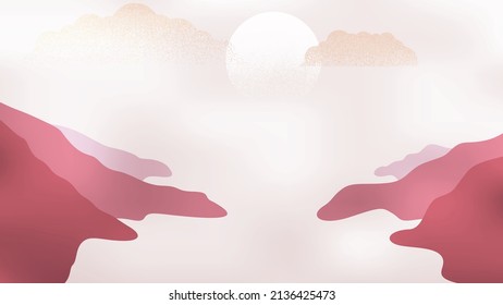 Mountain silhouettes with sun.  Peaks in sunset.  Brush strokes. Fog over mountain landscape . Summit and sunset logo .Vector