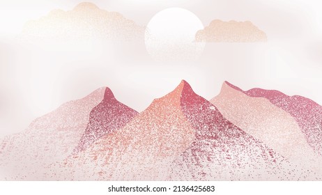 Mountain silhouettes with sun.  Peaks in sunset.  Brush strokes. Fog over mountain landscape . Summit and sunset logo .Vector