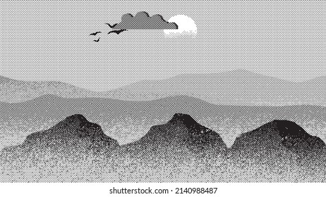 Mountain silhouettes with sun.  Peaks in sunset.  Fog over mountain landscape . Summit and sunset logo .Halftone dots texture .Vector