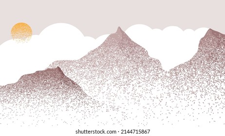 Mountain silhouettes with sun. Peaks in sunset. Brush strokes. Fog over mountain landscape . Summit and sunset logo .Vector