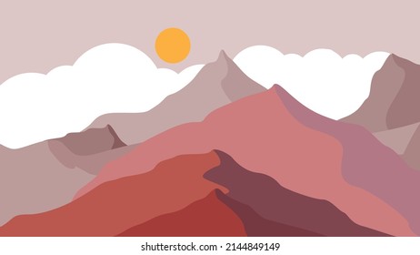 Mountain silhouettes with sun.  Peaks in sunset. Mountain landscape . Summit and sunset logo .Vector