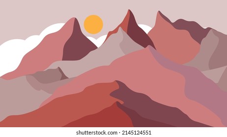 Silhouettes de montaña con sol.  Picos en la puesta de sol. Paisaje montañoso. Logo de la Cumbre y puesta de sol .Vector