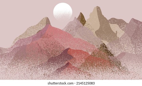 Mountain silhouettes with sun. Peaks in sunset. Brush strokes. Fog over mountain landscape . Summit and sunset logo .Vector