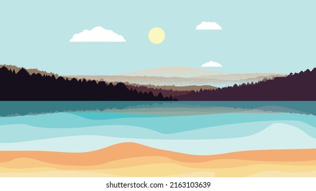 Mountain silhouettes with sun.  Peaks in sunset.  Sandy beach. Fog over mountain landscape . Summit and sunset logo .Vector