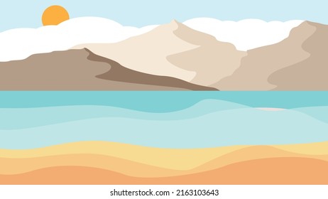 Silhouettes de montaña con sol.  Picos en la puesta de sol.  Playa de arena. Niebla sobre el paisaje montañoso. Logo de la Cumbre y puesta de sol .Vector