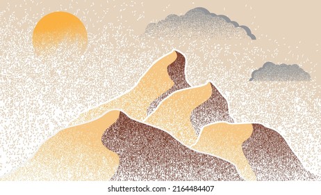 Mountain silhouettes with sun. Peaks in sunset. Brush strokes. Fog over mountain landscape . Summit and sunset logo .Vector