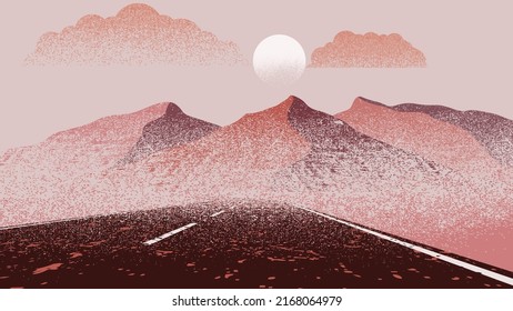 Mountain silhouettes with sun.  Peaks in sunset.  Curved road. Fog over mountain landscape . Summit and sunset logo .Vector