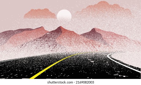 Mountain silhouettes with sun.  Peaks in sunset.  Curved road. Fog over mountain landscape . Summit and sunset logo .Vector