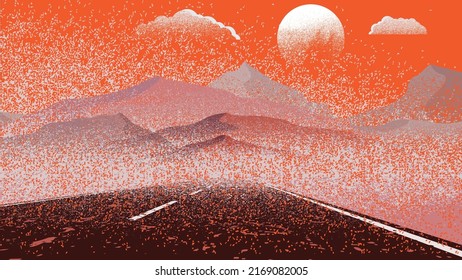 Mountain silhouettes with sun.  Peaks in sunset.  Curved road. Fog over mountain landscape . Summit and sunset logo .Vector