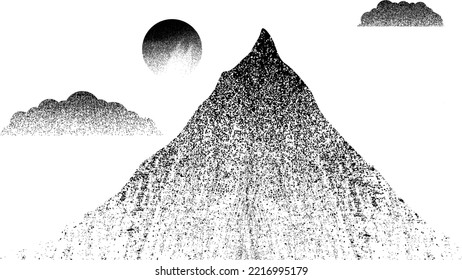 Mountain silhouettes with sun. Peaks in sunset. Transparent background .Overlay texture . Fog over mountain landscape . Summit and sunset logo .Vector