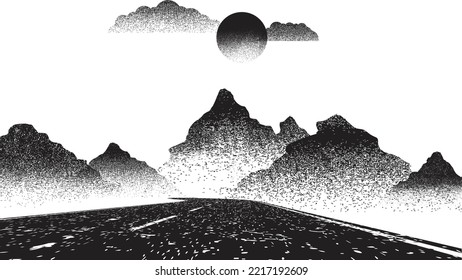 Mountain silhouettes with sun.  Peaks in sunset.  Curved road. Fog over mountain landscape . Summit and sunset logo .Vector