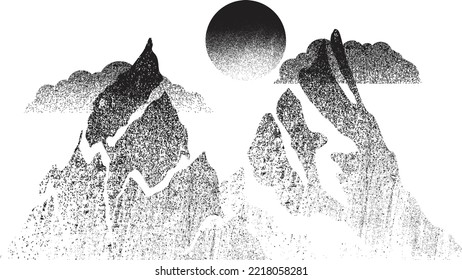 Mountain silhouettes with sun. Peaks in sunset. Transparent background .Overlay texture . Fog over mountain landscape . Summit and sunset logo .Vector