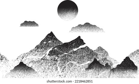 Mountain silhouettes with sun. Peaks in sunset. Transparent background .Overlay texture . Fog over mountain landscape . Summit and sunset logo .Vector