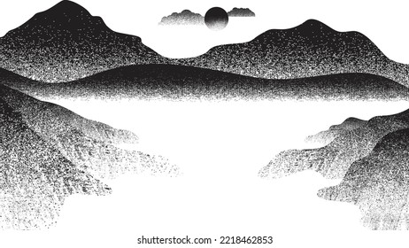 Mountain silhouettes with sun. Peaks in sunset. Transparent background .Overlay texture . Fog over mountain landscape . Summit and sunset logo .Vector