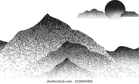 Mountain silhouettes with sun. Peaks in sunset. Transparent background .Overlay texture . Fog over mountain landscape . Summit and sunset logo .Vector
