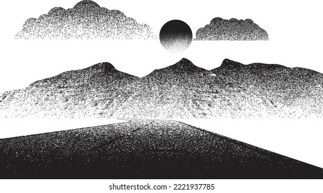 Mountain silhouettes with sun.  Peaks in sunset.  Curved road. Fog over mountain landscape . Summit and sunset logo .Vector