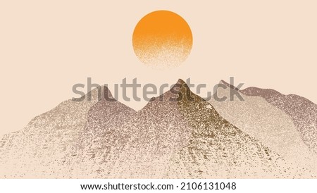 Mountain silhouettes with sun. Peaks in sunset. Brush strokes. Fog over mountain landscape . Summit and sunset logo .Vector