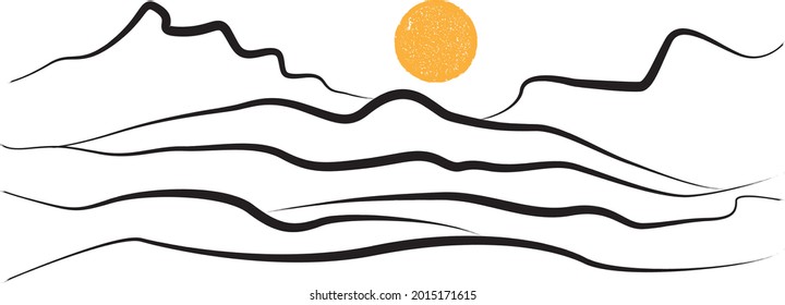 Mountain silhouettes with sun.  Rocky peaks in sunset.  Modern minimal art . Vector