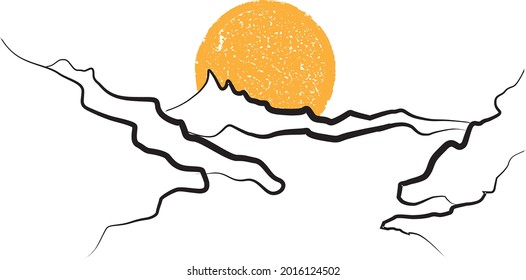 Mountain silhouettes with sun.  Rocky peaks in sunset.  Modern minimal art . Vector