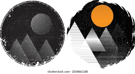 Mountain silhouettes with sun.  Rocky peaks in sunset.  Splatter Paint Texture . Distress Grunge background .Abstract vector.