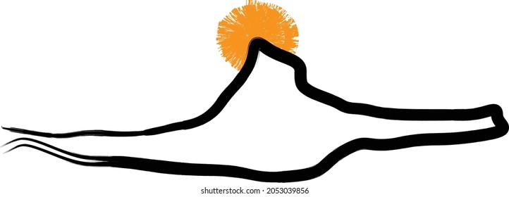 Mountain silhouettes with sun.  Rocky peaks in sunset.  Brush strokes. Mountain landscape . Summit and sun logo .Vector