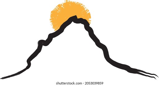 Mountain silhouettes with sun.  Rocky peaks in sunset.  Brush strokes. Mountain landscape . Summit and sun logo .Vector