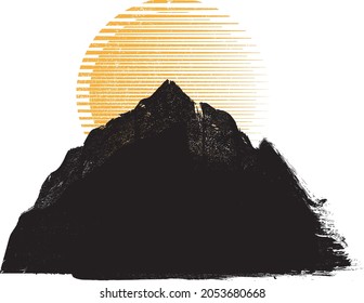 Mountain silhouettes with sun.  Rocky peaks in sunset.  Brush strokes. Mountain landscape . Summit and sunset logo .Vector