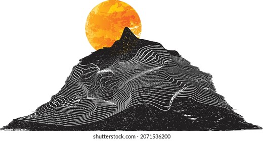 Mountain silhouettes with sun.  Rocky peaks in sunset.  Splatter Paint Texture . Distress Grunge background .Abstract vector.
