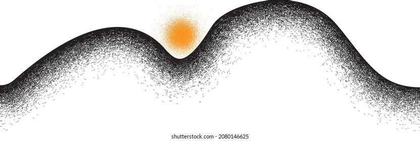 Mountain silhouettes with sun.  Rocky peaks in sunset.  Brush strokes. Mountain landscape . Summit and sunset logo .Vector