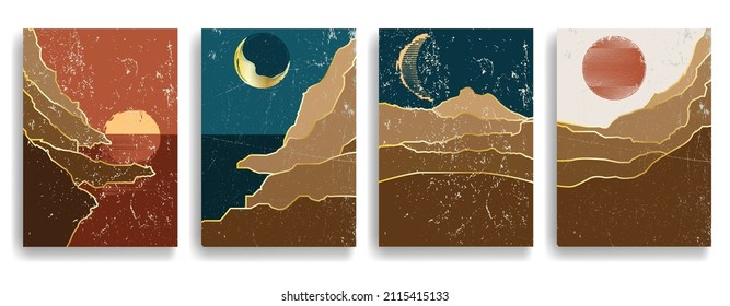 Mountain silhouettes with sun.  Rocky peaks in sunset.  Splatter Paint Texture . Distress Grunge background .Abstract vector.