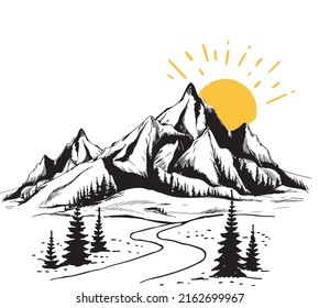 Mountain silhouettes with sun. Rocky peaks in sunset. Splatter Paint Texture . Distress Grunge background . Scratch, Grain, Noise rectangle stamp . Black Spray Blot of Ink abstract vector.