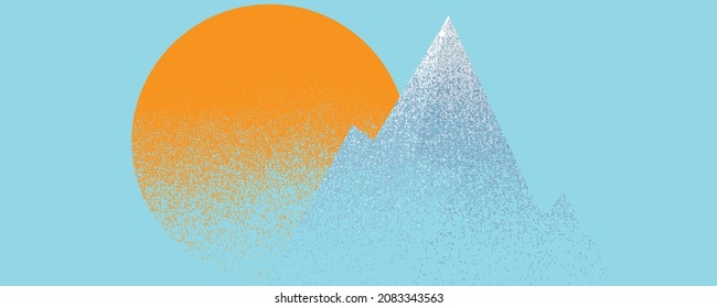 Mountain silhouettes with sun.  Snowed peaks in sunset.  Brush strokes. Mountain landscape . Summit and sunset logo .Vector