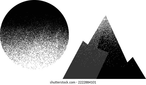 Mountain silhouettes with sun.  Snowed peaks in sunset.  Brush strokes. Mountain landscape . Summit and sunset logo .Vector