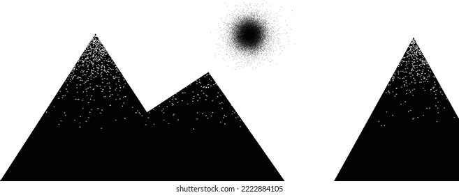 Mountain silhouettes with sun.  Snowed peaks in sunset.  Brush strokes. Mountain landscape . Summit and sunset logo .Vector