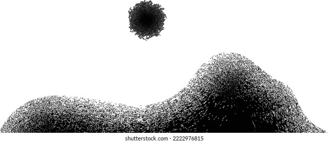 Mountain silhouettes with sun. Snowed peaks in sunset. Brush strokes. Mountain landscape . Summit and sunset logo .Vector