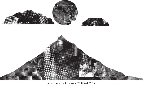 Mountain silhouettes with sun textured with halftone dots textures. Peaks in sunset. Transparent background .Overlay texture . Fog over mountain landscape . Summit and sunset logo .Vector 