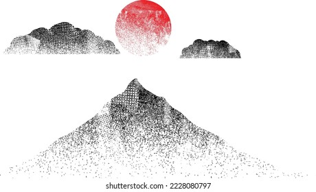 Mountain silhouettes with sun textured with halftone dots textures. Peaks in sunset. Transparent background .Overlay texture . Fog over mountain landscape . Summit and sunset logo .Vector 