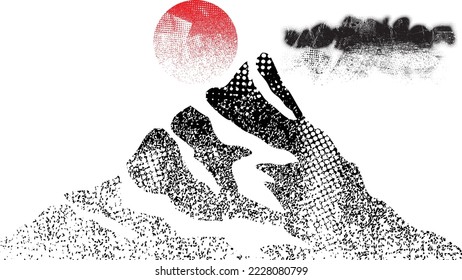 Mountain silhouettes with sun textured with halftone dots textures. Peaks in sunset. Transparent background .Overlay texture . Fog over mountain landscape . Summit and sunset logo .Vector 