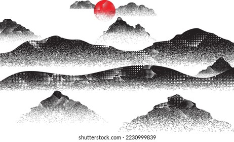 Mountain silhouettes with sun textured with halftone dots textures. Peaks in sunset. Transparent background .Overlay texture . Fog over mountain landscape . Summit and sunset logo .Vector 