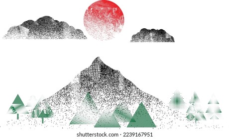 Mountain silhouettes with sun and trees, textured with halftone dots textures. Peaks in sunset. Transparent background .Overlay texture . Fog over mountain landscape . Summit and sunset logo .Vector 